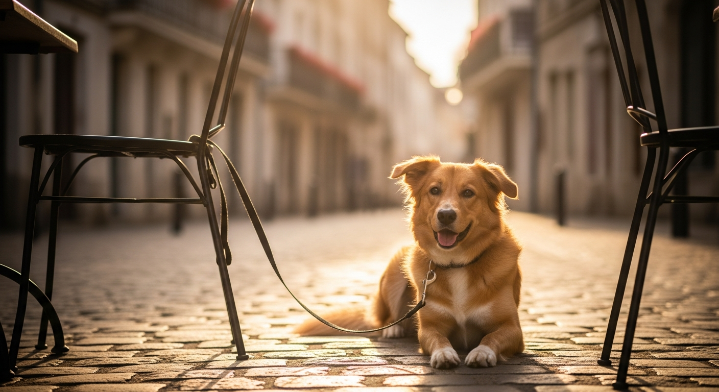 Un chien et son maître marchant sur une plage française au lever du soleil