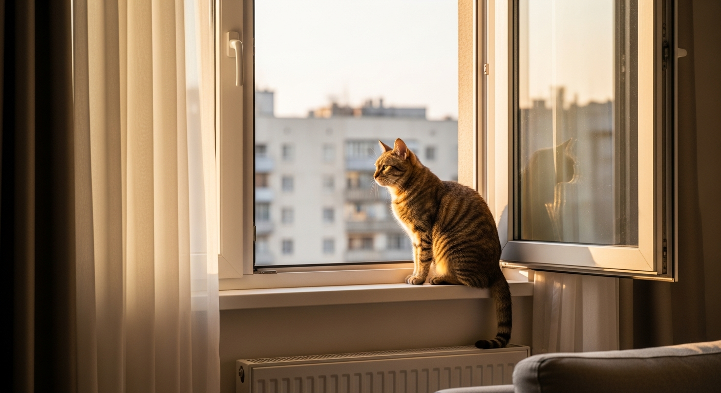Chat se prélassant sur un arbre à chat devant une fenêtre ensoleillée