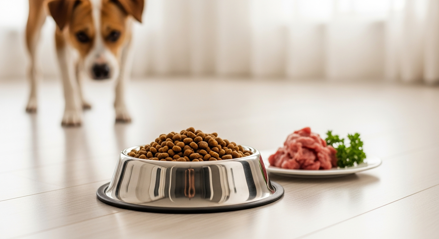 Gamelle de croquettes premium pour chien avec des ingrédients frais