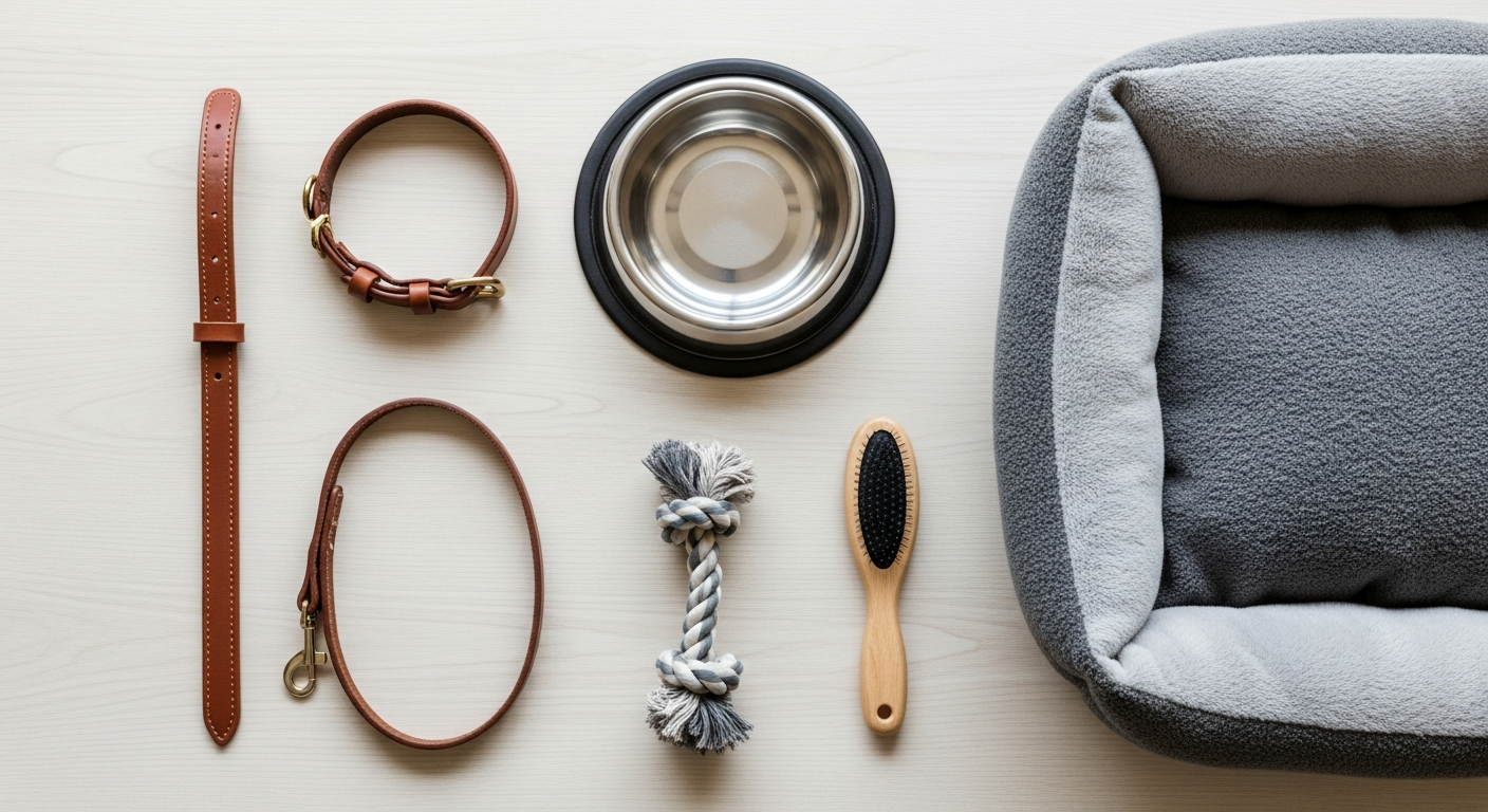 Assortiment d'accessoires pour chien : harnais, gamelle, jouets