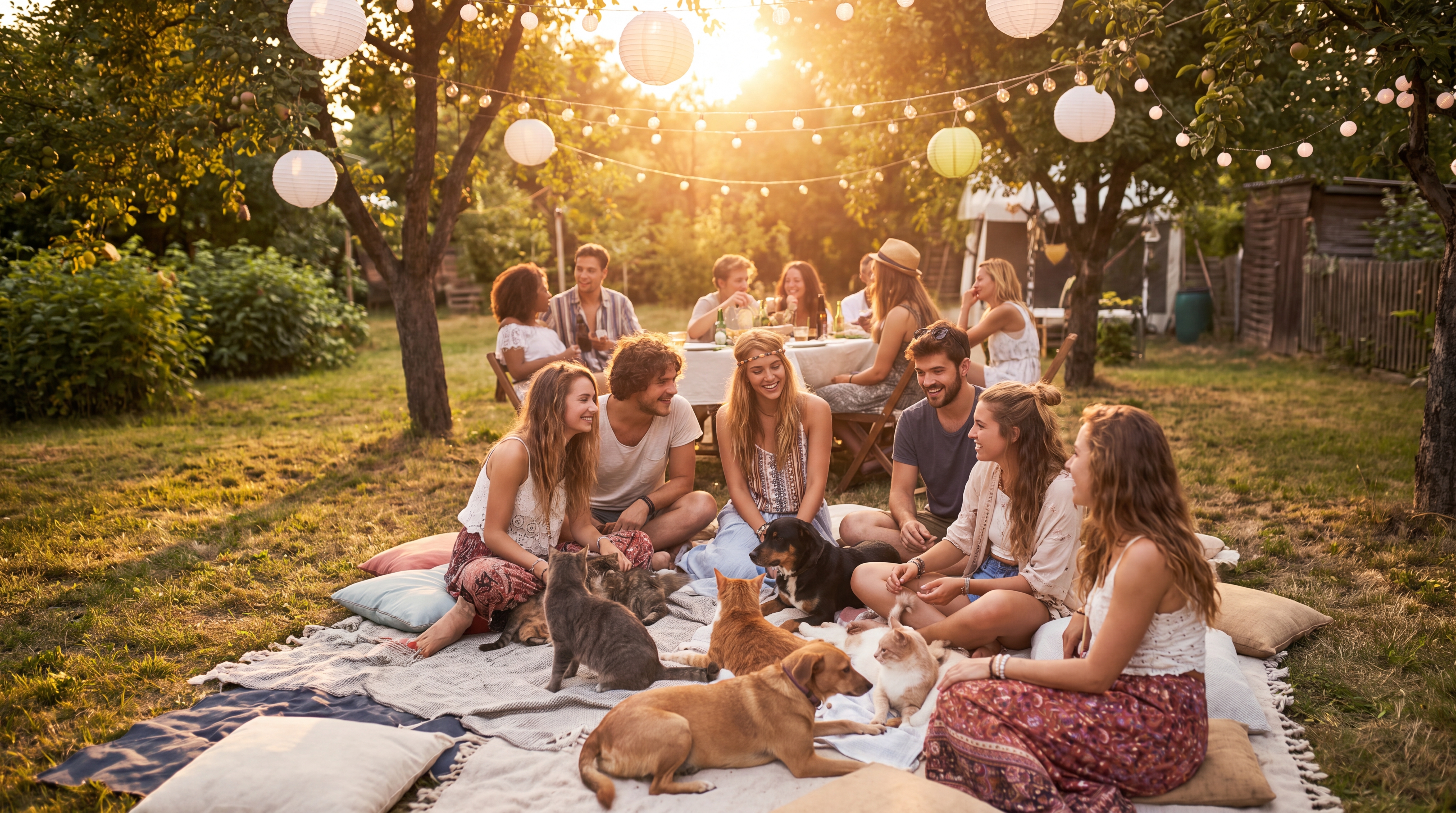 Une bande d'amis avec leurs chiens et leurs chats