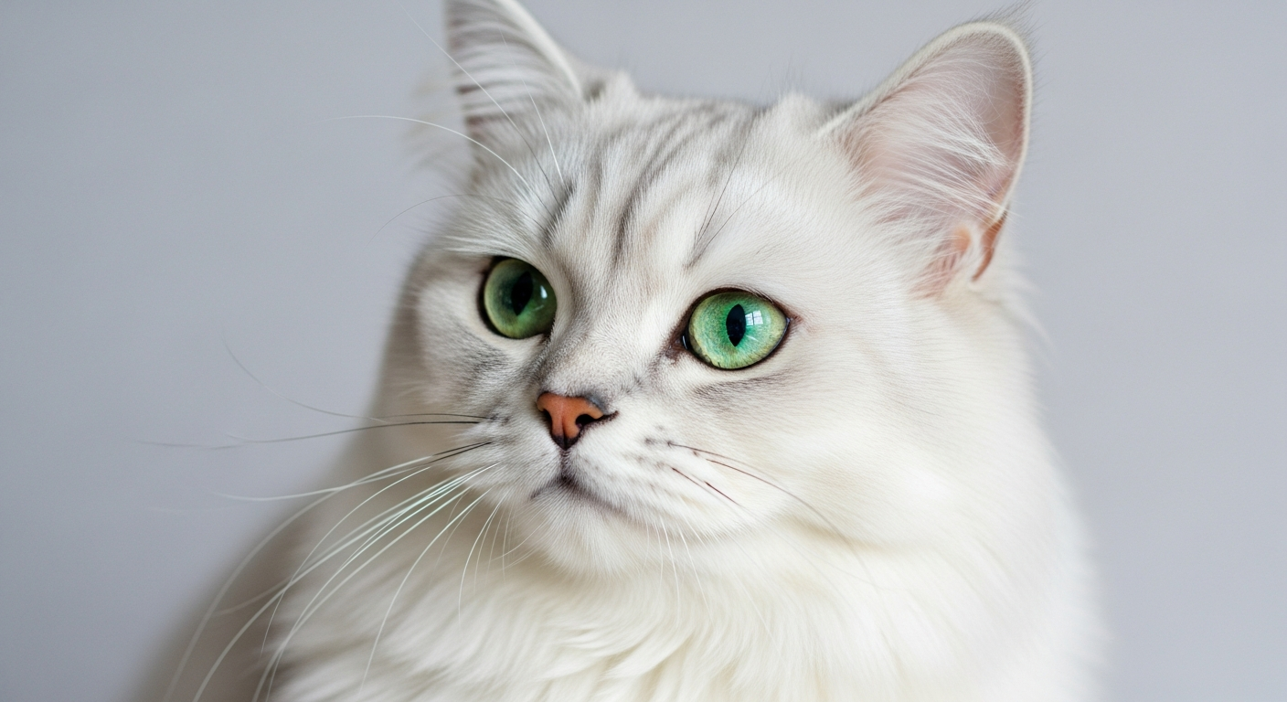 Persan Chinchilla Silver à la robe blanche argentée et aux yeux verts cerclés de noir, posé sur un fond clair