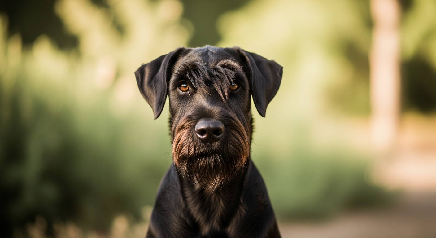 Schnauzer Géant noir, barbe et sourcils caractéristiques, posture imposante et alerte