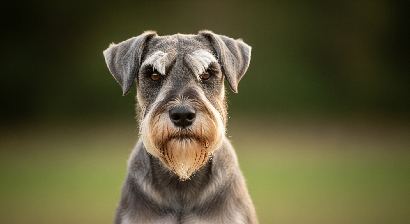Schnauzer Moyen poivre et sel, barbe et sourcils caractéristiques, posture vigilante