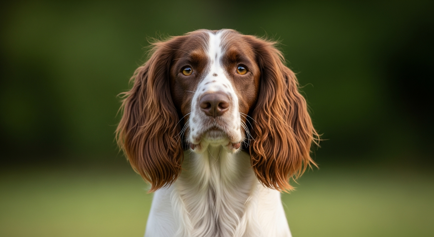 English Springer Spaniel à robe foie et blanche, oreilles longues et soyeuses, regard joyeux