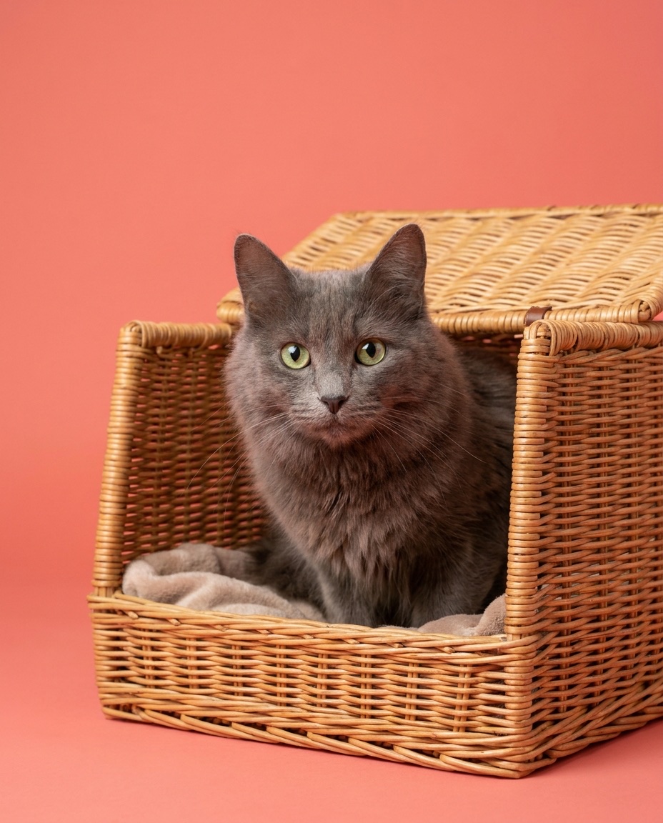 Un chat installé dans son panier de transport en osier