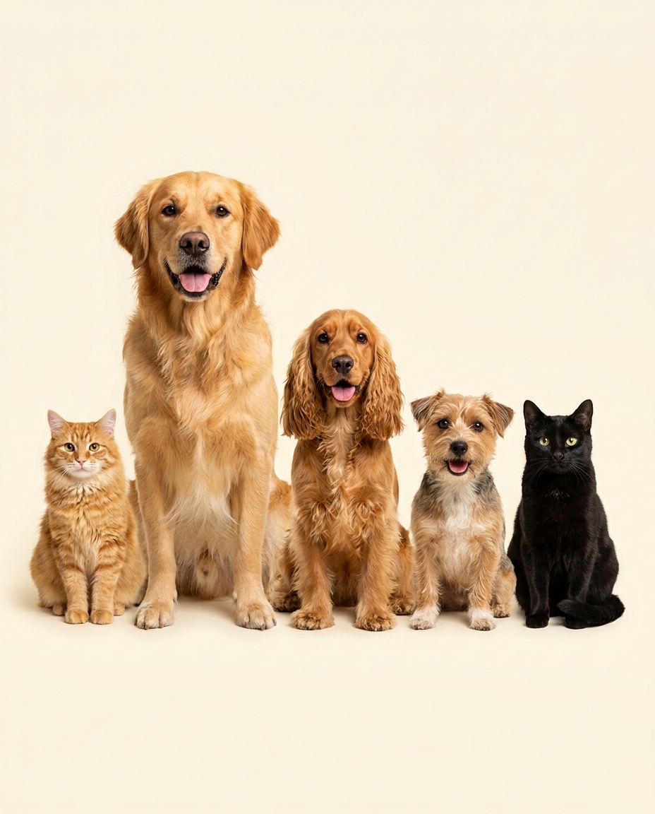Un golden retriever, un cocker, un terrier et deux chats assis ensemble