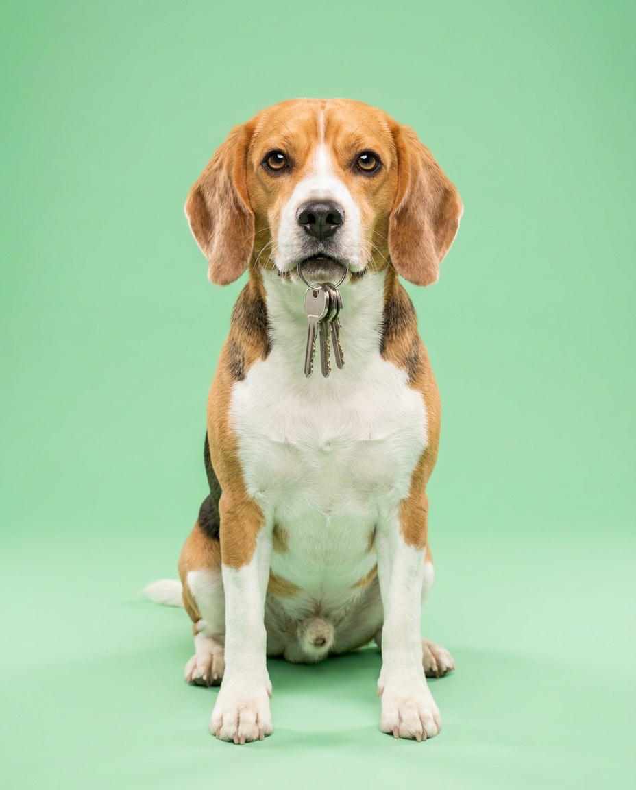 Un beagle portant un trousseau de clés à son collier