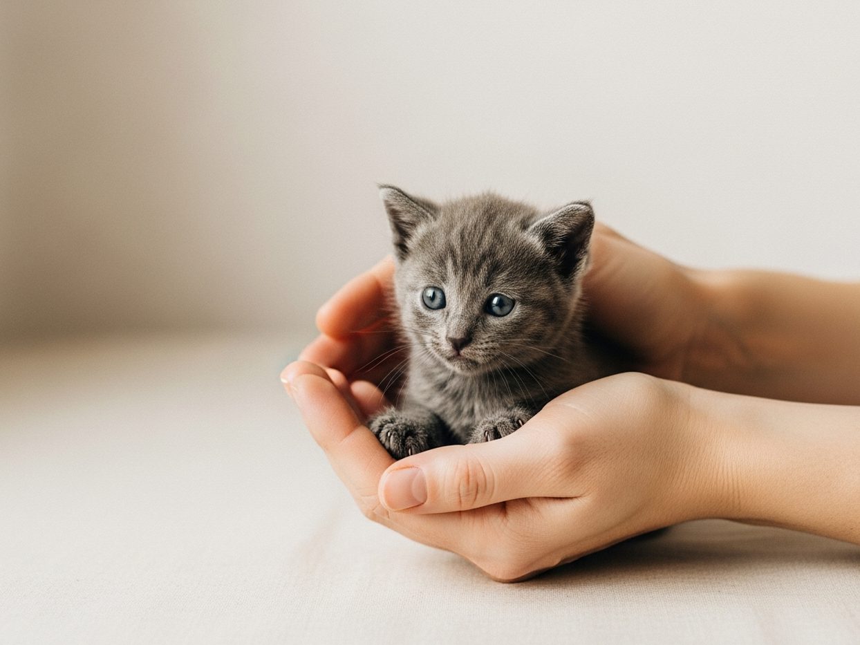 Chaton tenu avec attention par un éleveur