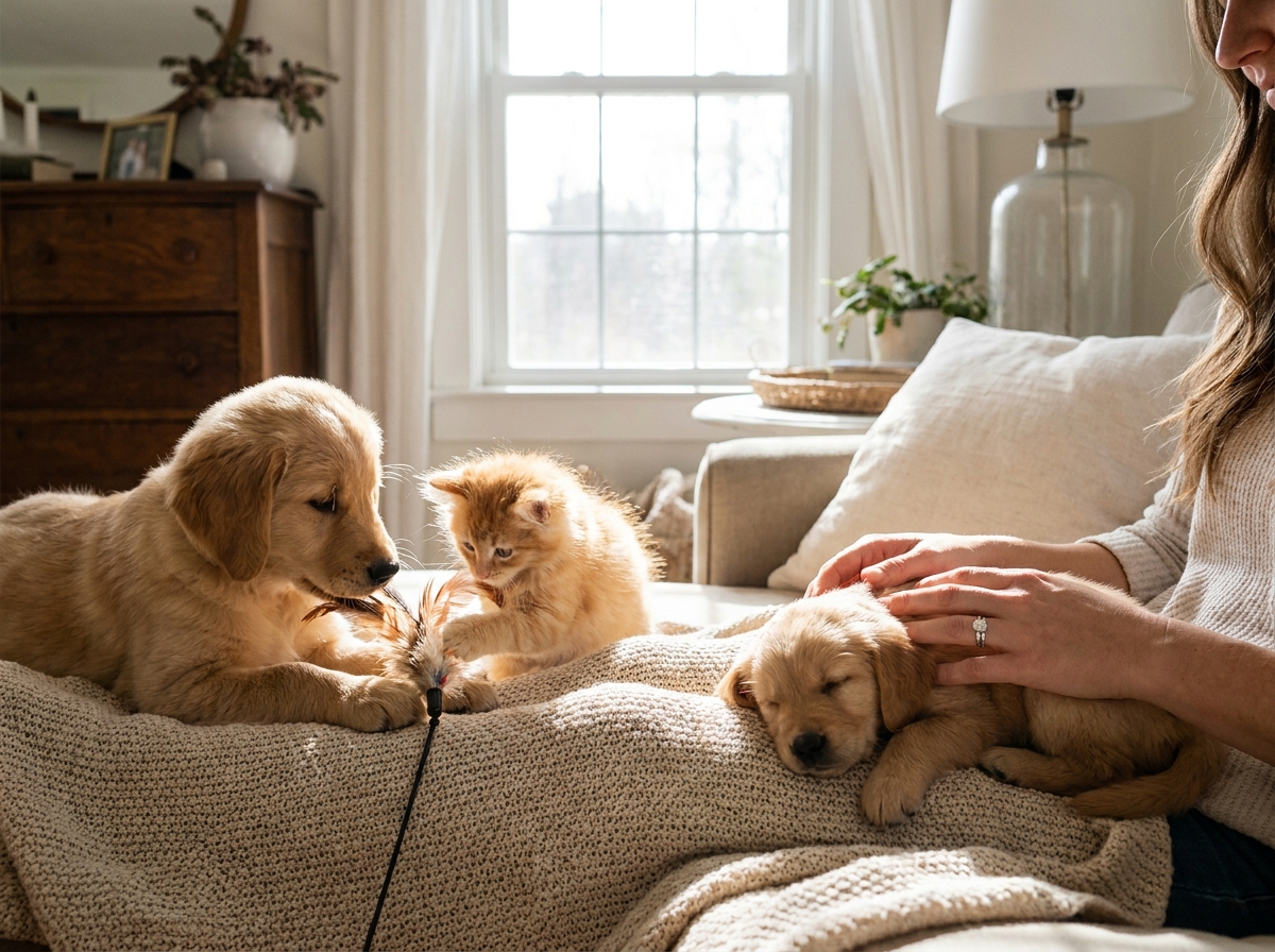 Chiot et chaton jouant ensemble, choyés par leur éleveuse