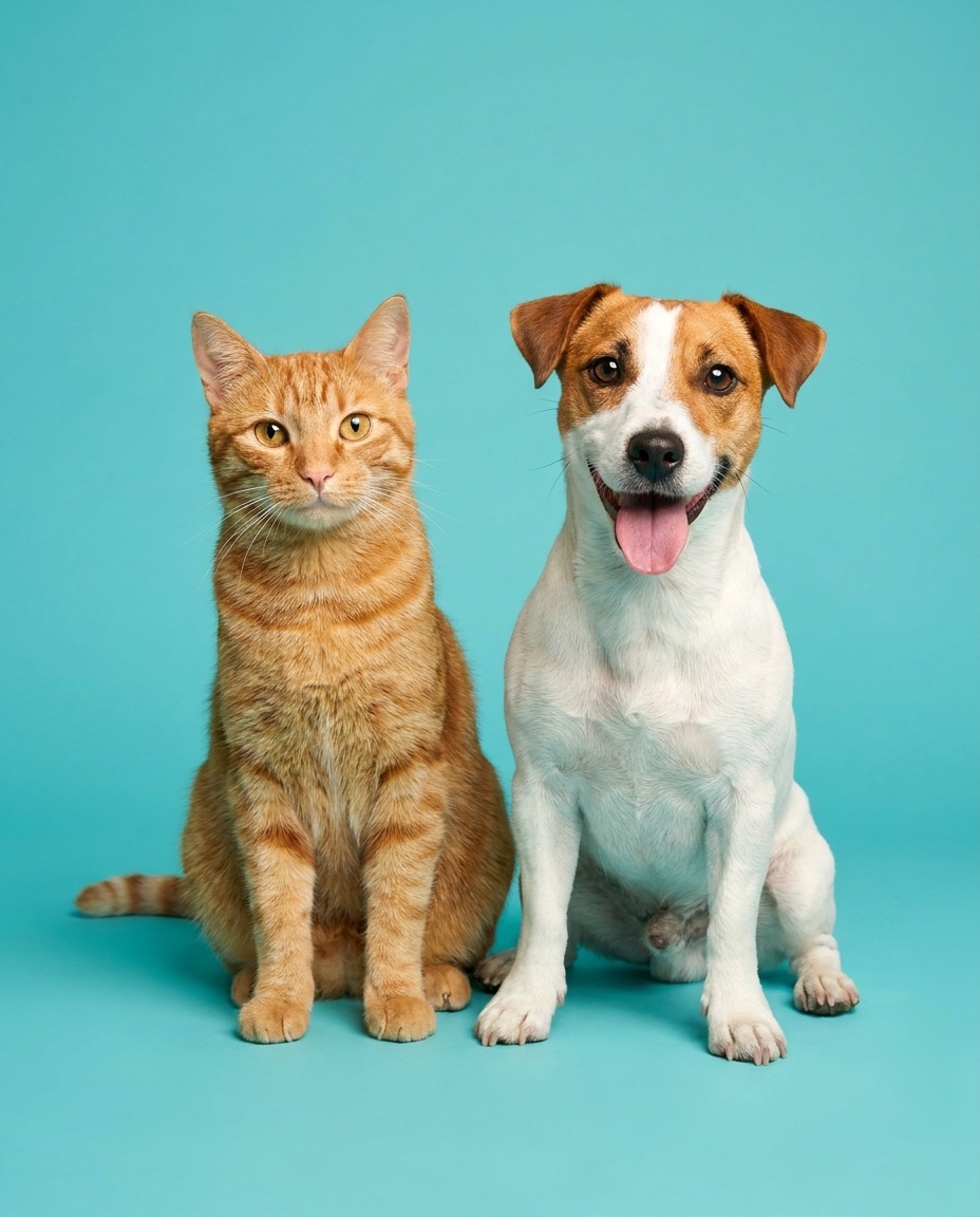 Un chat roux et un jack russell assis côte à côte