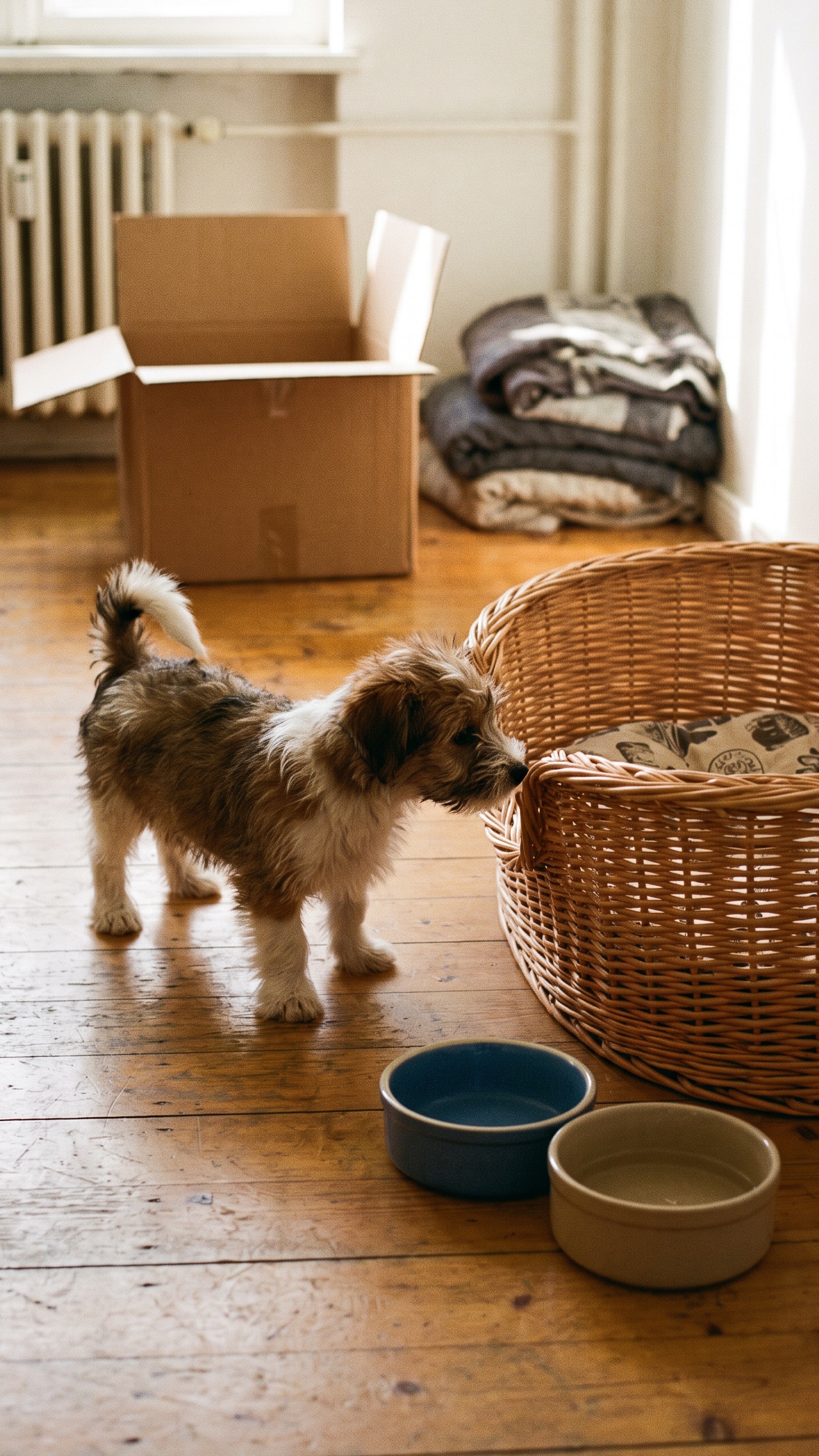 Un chiot découvre son panier dans sa nouvelle maison