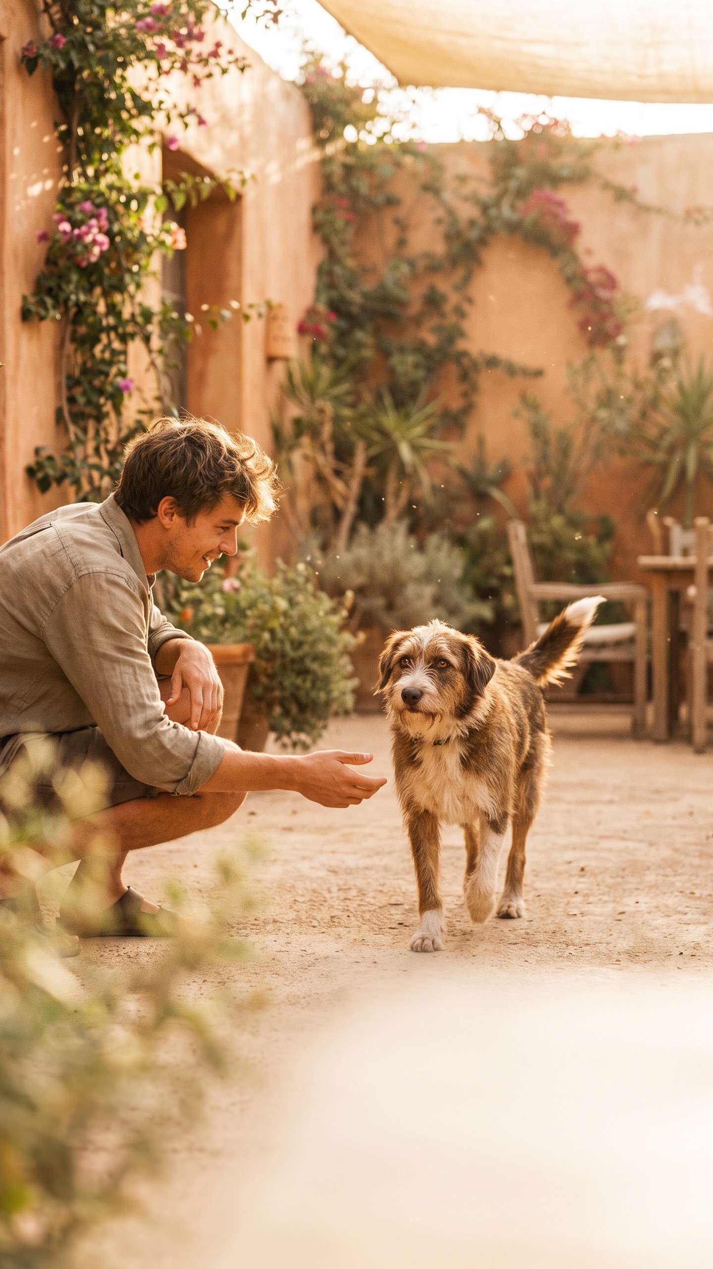 Un adoptant tend la main à un chien qui vient vers lui