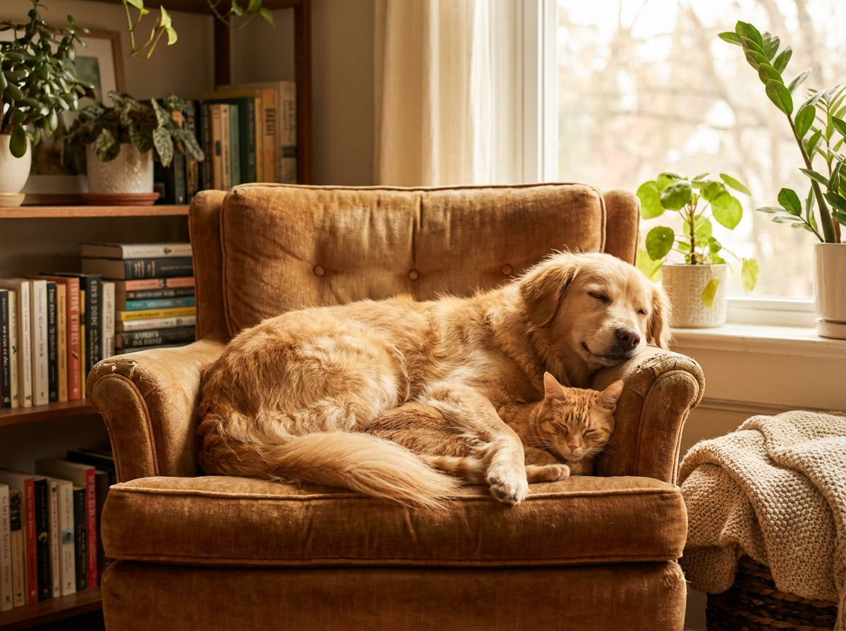 Chien et chat câlinés ensemble dans un intérieur chaleureux