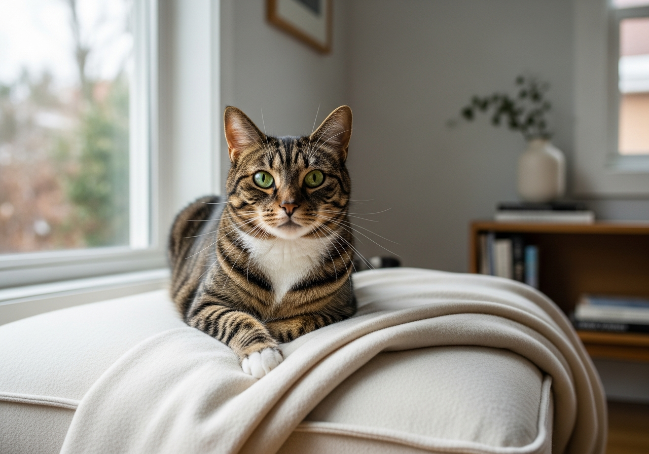 Chat tigré posé sur un plaid