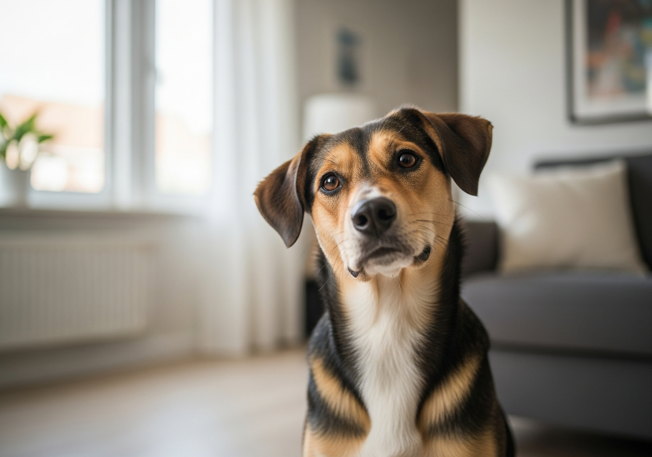 Chien attentif dans un salon