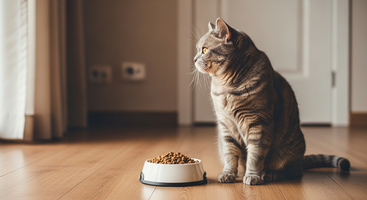 Chat blanc et roux d&eacute;tournant la t&ecirc;te de sa gamelle pleine
