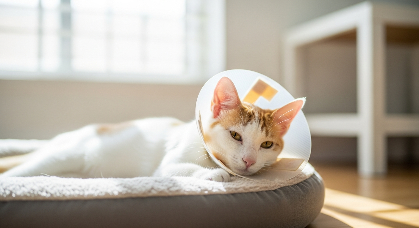 Chat noir endormi en convalescence apr&egrave;s op&eacute;ration v&eacute;t&eacute;rinaire