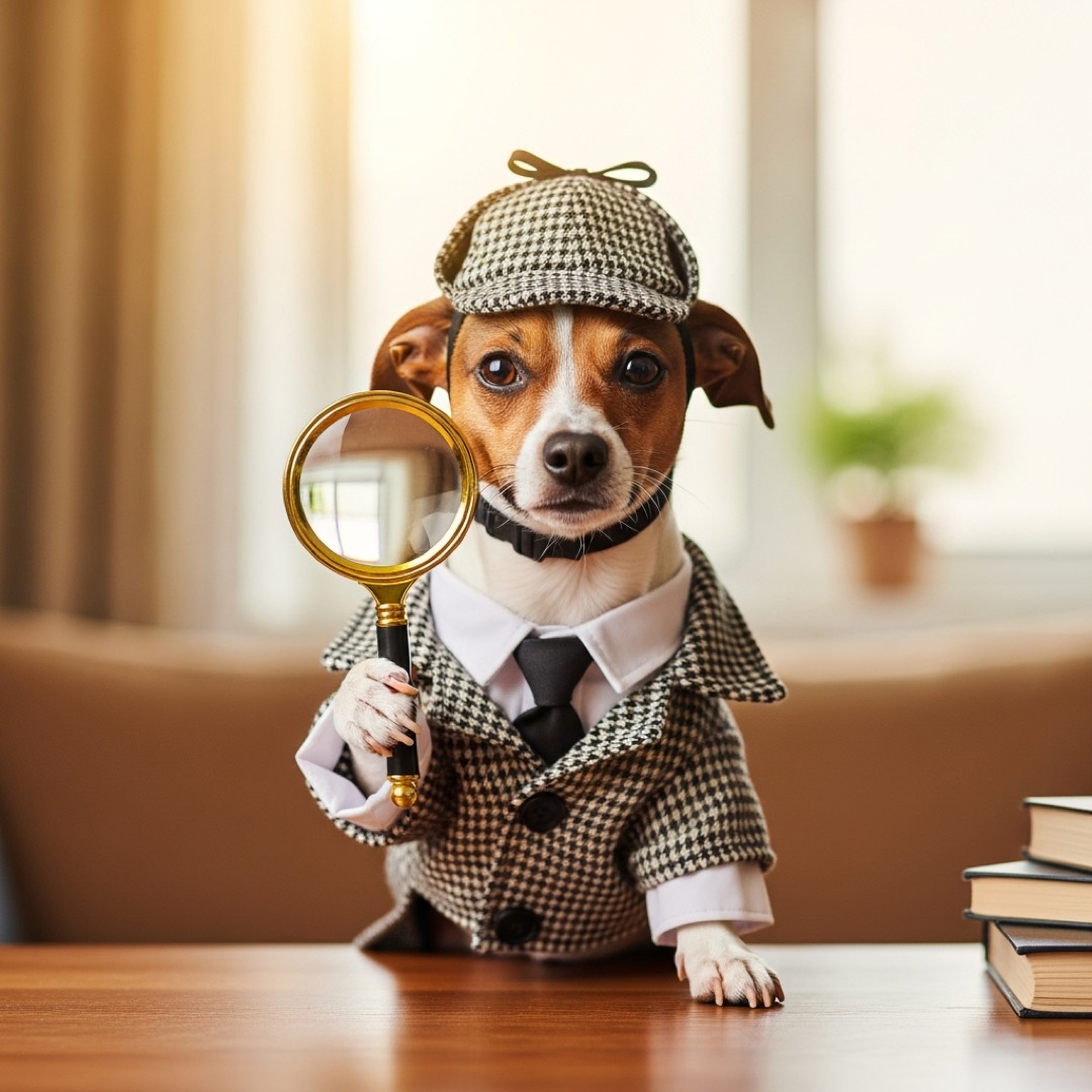 Chien déguisé en détective, loupe à la main