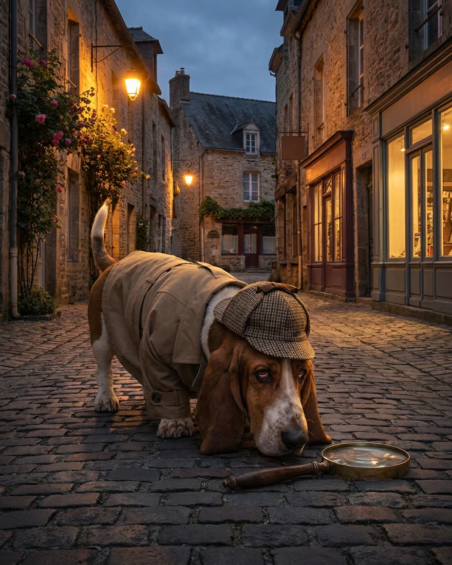 Chien menant l'enquête dans une rue pavée, en détective