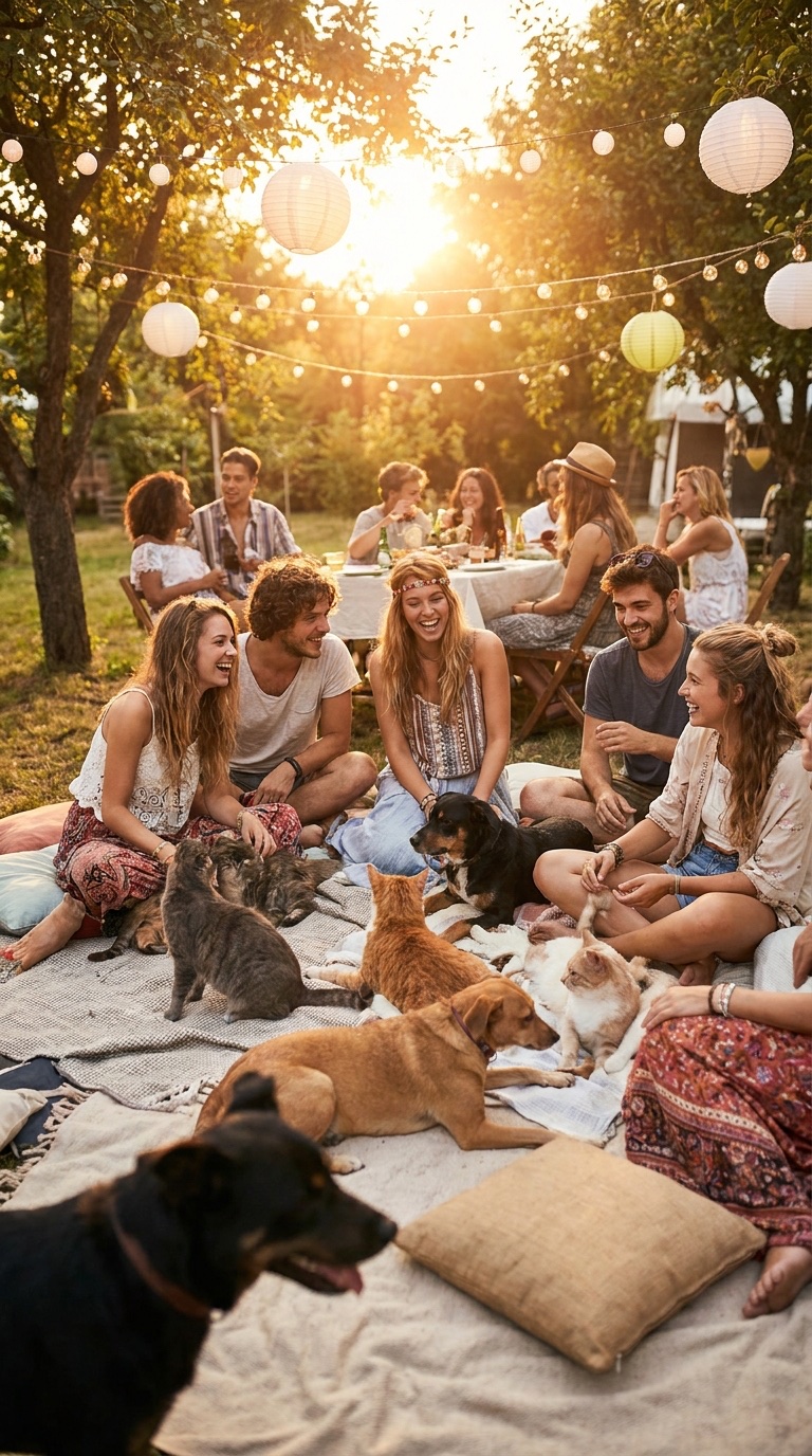 Un groupe d'amis et leurs chiens et chats réunis dans un jardin au coucher du soleil