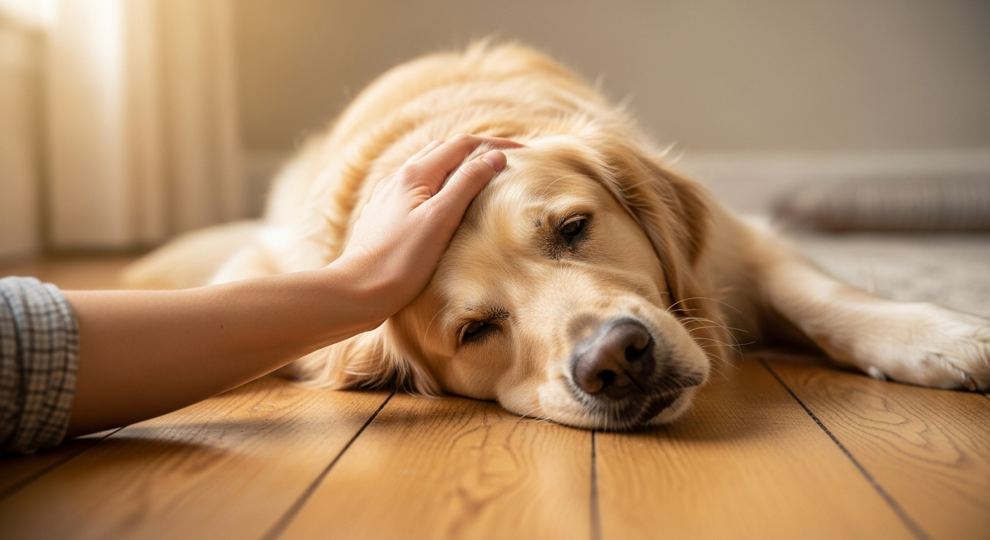 Pet sitter avec un chien serein à la maison