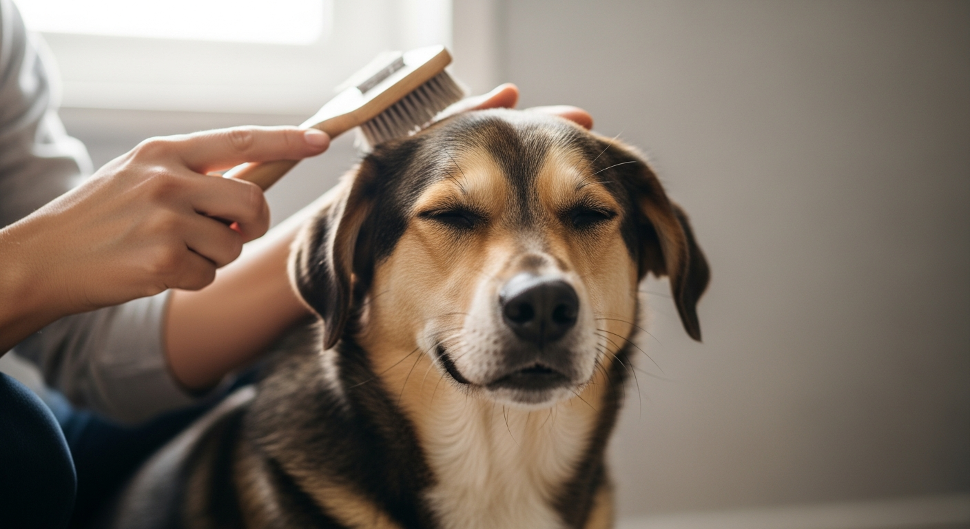 Pet sitter brossant un chien à la maison